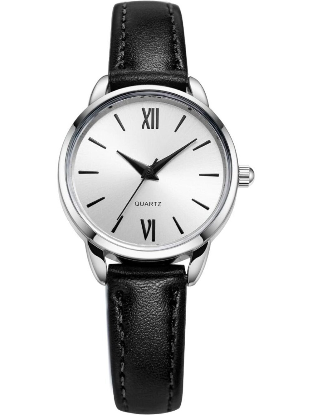 Womens Black And Silver Analog Quartz Leather Strap Solid Minimalist Wrist Watch
